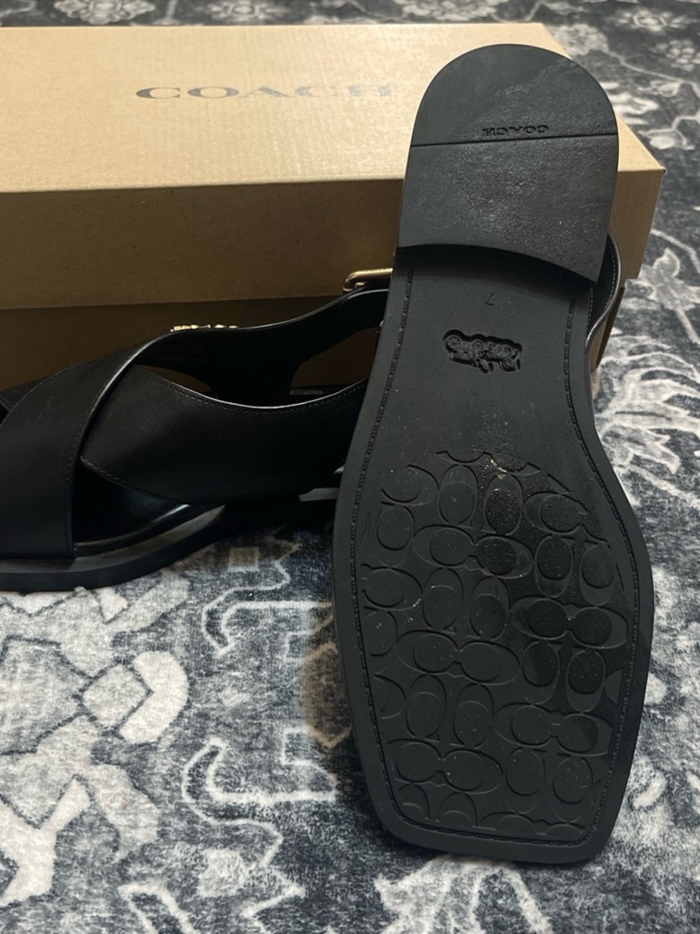 COACH Black Leather Crisscross Slingback Sandals with Gold Accent - Picture 4 of 7